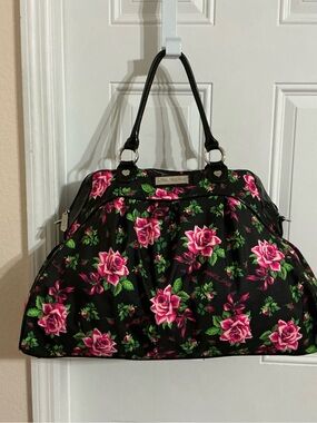 Betsey Johnson Large Black Satchel Bag With Vibrant Floral Rose Print